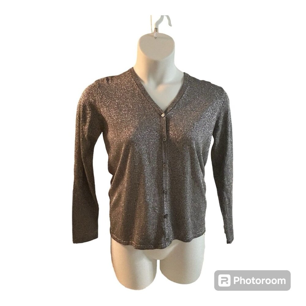 Silver Metallic Long Sleeve Button Down Sweater Gray Black Finity Naturals Med